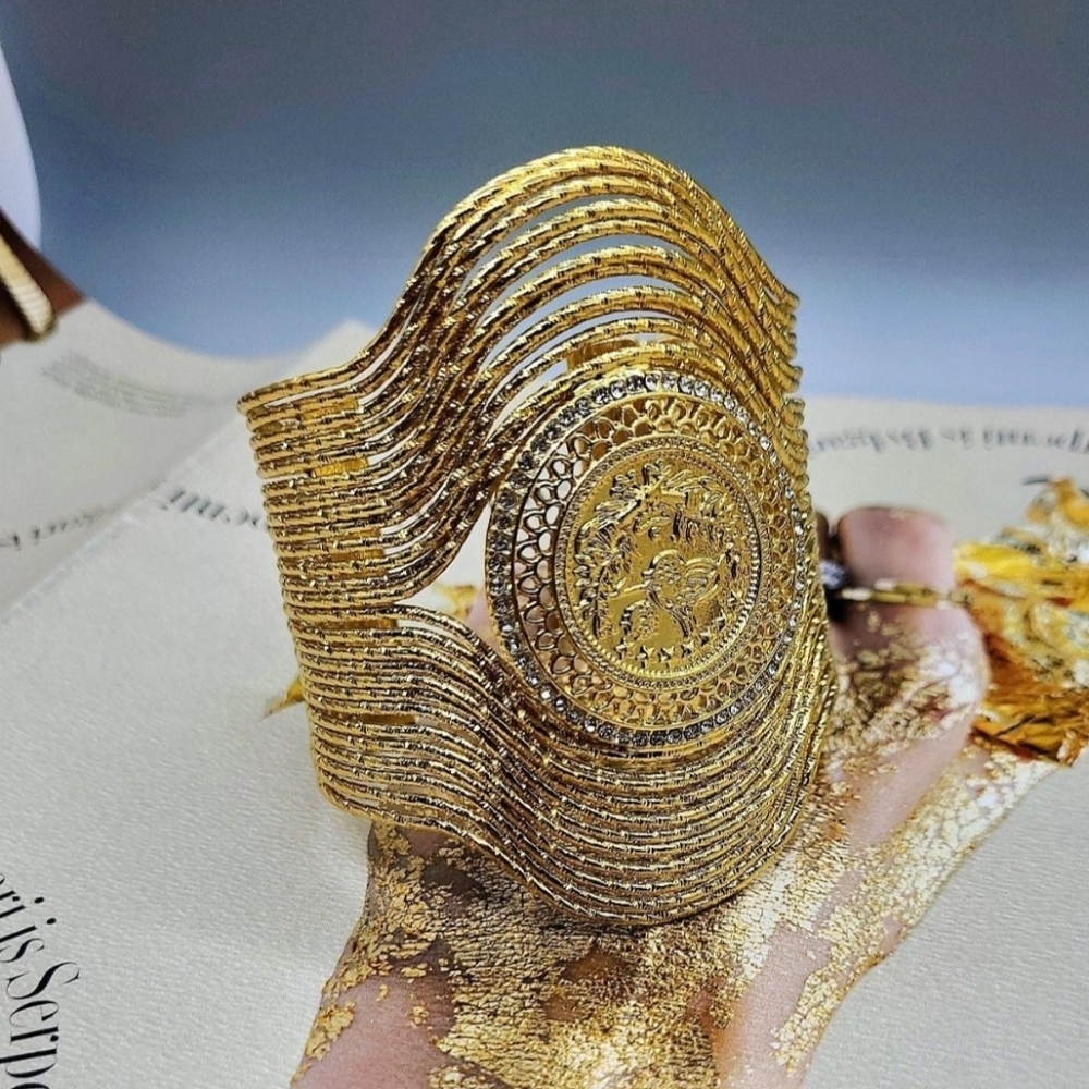 Handcrafted Arabic Crystal Embellished Coin Layered Wave Gold Cuff Bracelet